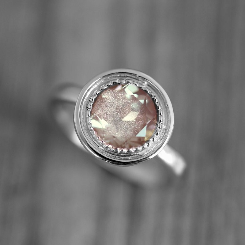 14k Palladium White Gold and Oregon Sunstone Halo Ring, Vintage InspiredEngagement Ring with Milgrain Detail, Made To Order