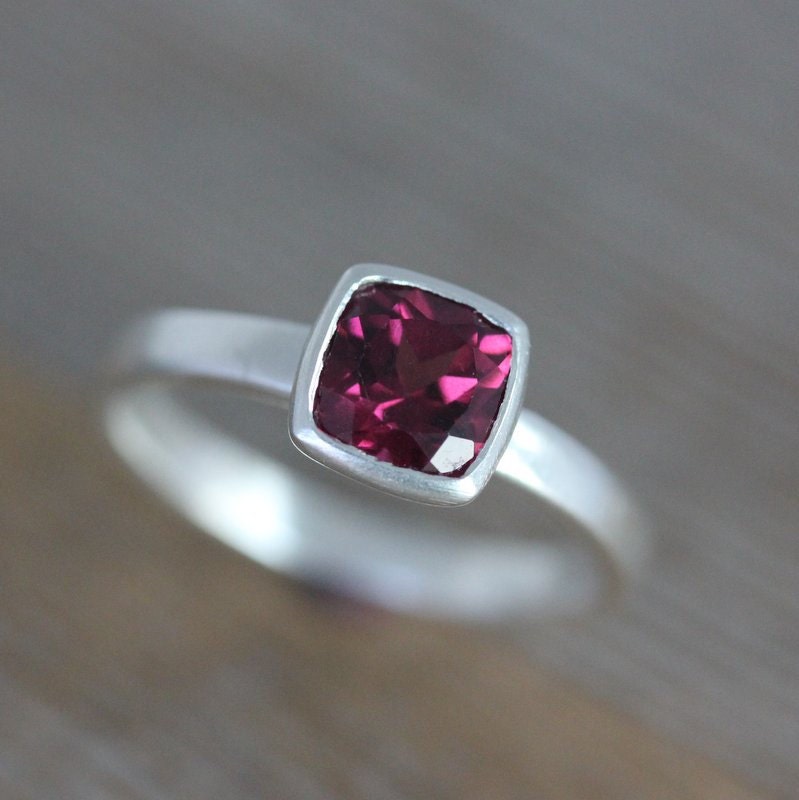 Size 6 Ready To Ship, Rhodolite Garnet Cushion Shaped Solitaire Ring, Matte Sterling Silver