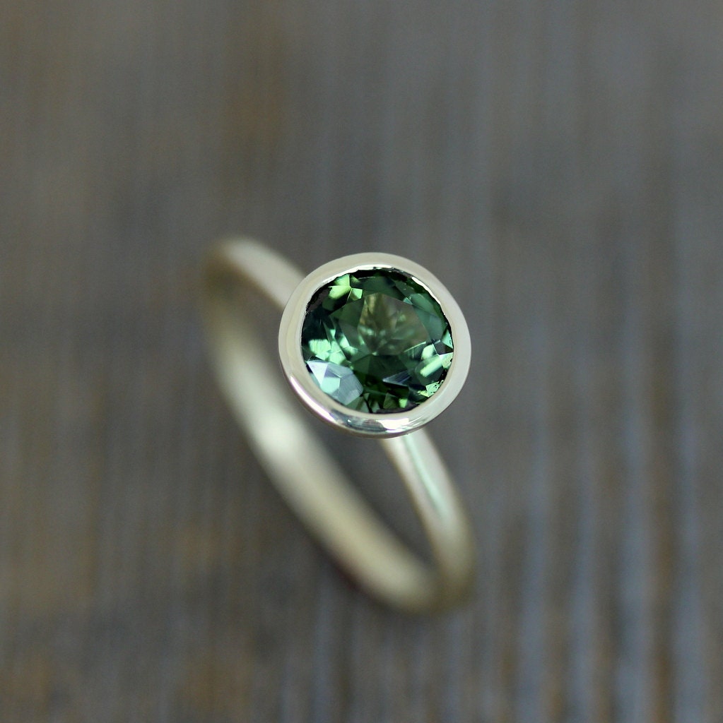 Green Tourmaline and 14k Yellow Gold Ring, Open Bezel Solitaire Design