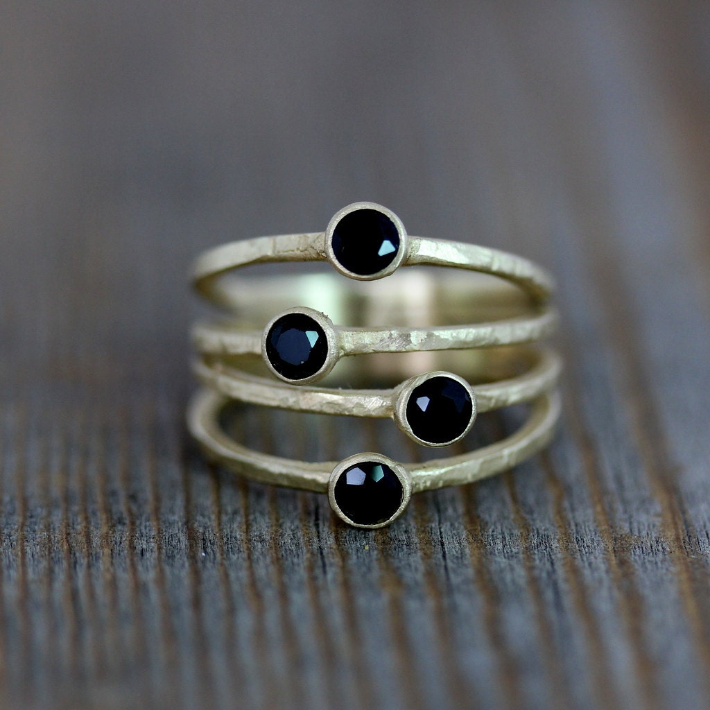 14k Yellow Gold Confetti Ring, Multi Stone Ring in Black Spinel and Rustic Finish Recycled Gold