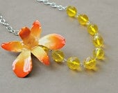 Citrus Summer Necklace - OOAK - Real Orchid, Summer Fashion, Sterling Silver, FREE matching earrings