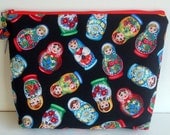 Large toiletry bag or cosmetic make up bag in rare russian doll fabric