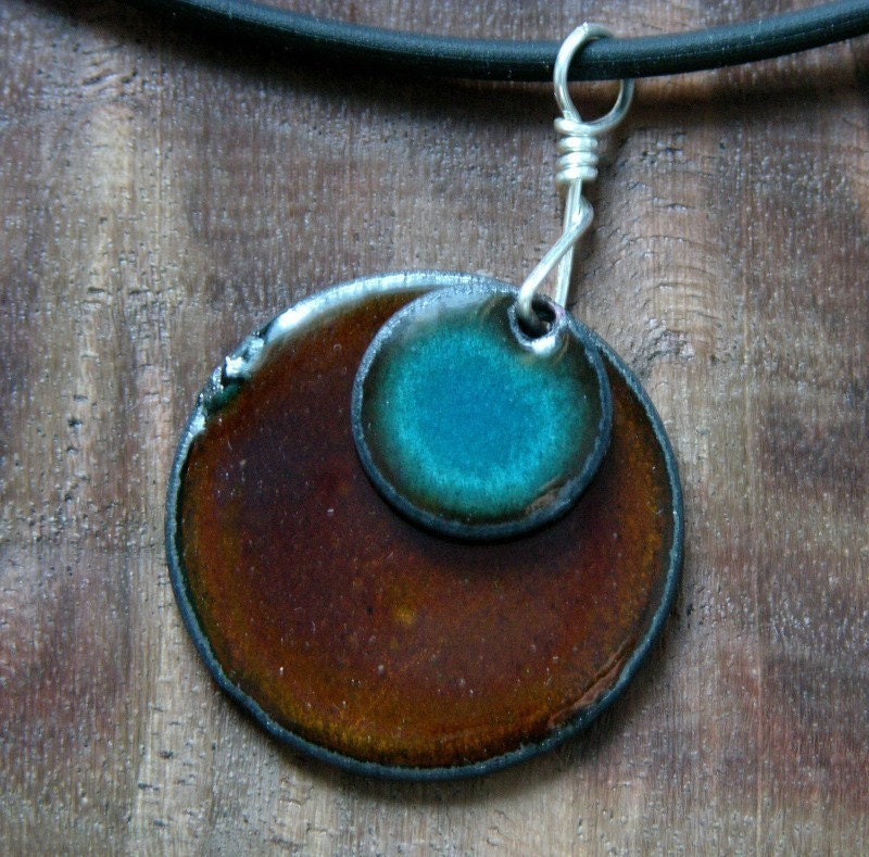 Blue and Brown Enamel Necklace Copper Enamel Handmade Pendant