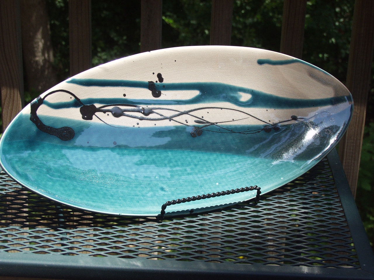 Oval Serving Appetizer Platter Peacock and Olive Blue Black Splash Ready to Ship