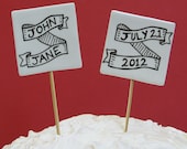 Ceramic Wedding Cake Topper - Name and Date Ribbons