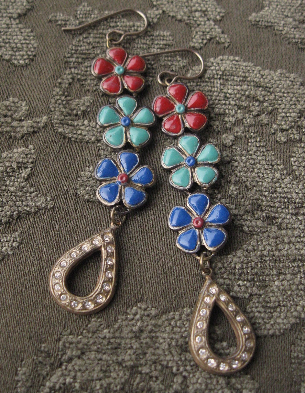 Multicolor Flower Red Green Blue Enamel w/ Rhinestone Dangle Earrings Brass