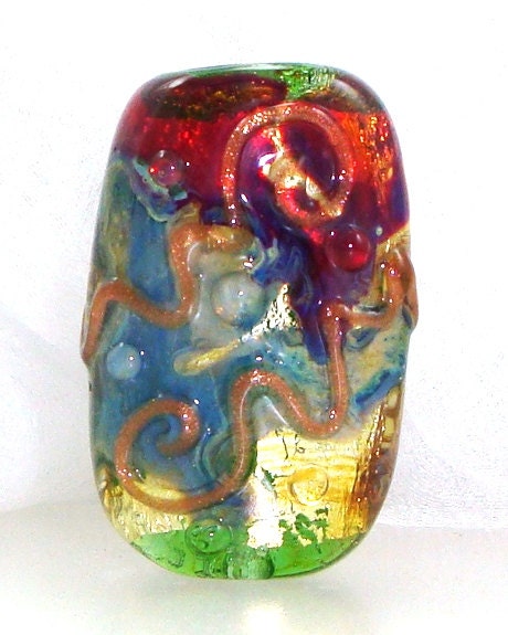 Handmade Lampwork Glass Bead Spring Green Lime Gold Purple Teal Blue Silver Glass Mottle Shards Dichro Artisan Focal SRA -- Ancient History