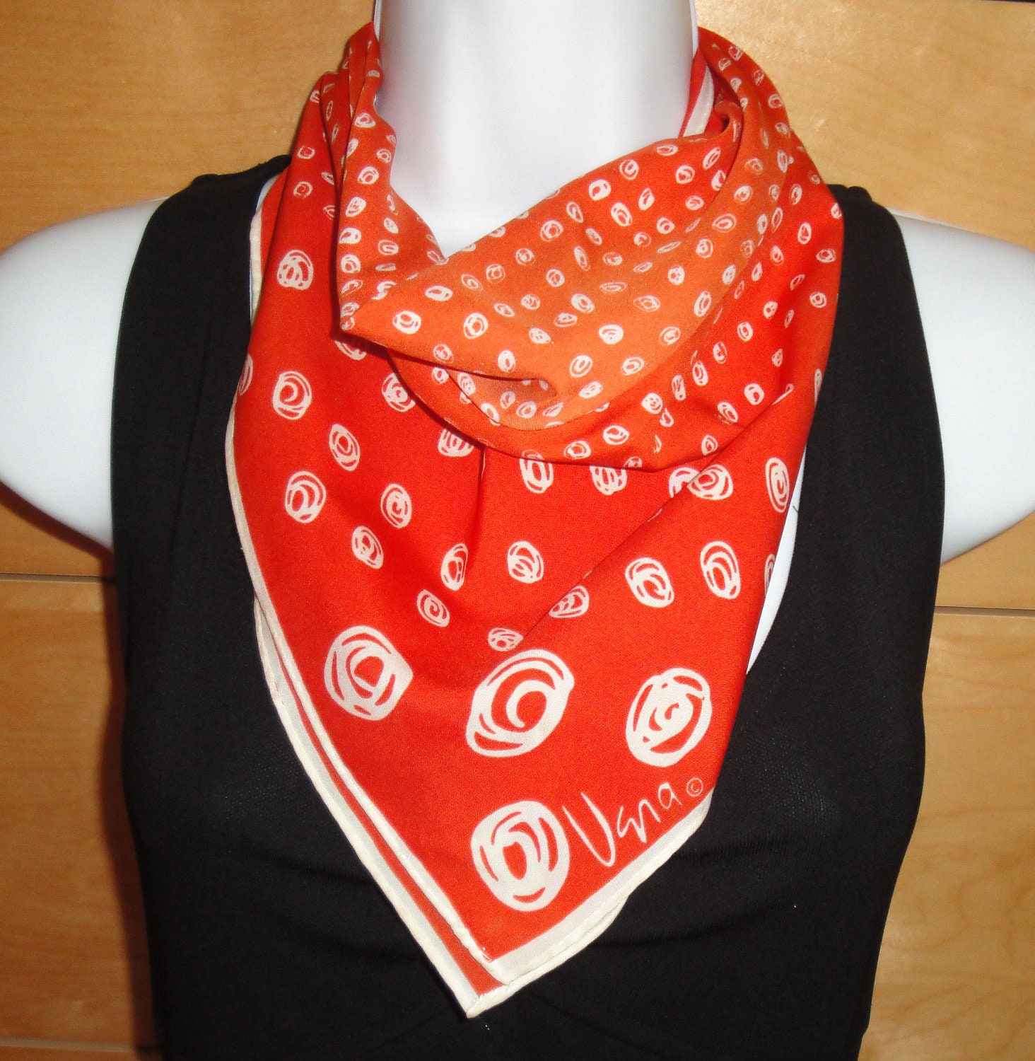 Vintage Small Scarf, Vera Pop Art design square polyester Scarf in orange and white, 1970s era