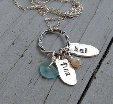 Mom Necklace--Mothers Day--Beachy Bits--Fine Silver and Sterling with Sea glass