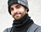 Grey and Black Recycled Fleece Hat- black thread details, size Medium, vegan, size Large