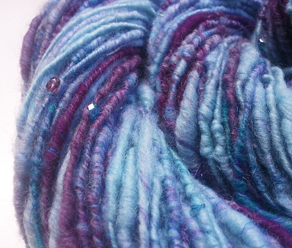 Handspun Mythology Art Yarn - AURORA - Corespun Blue and Purple, with Bohemian Glass Beads. Dawn over the Ocean, Sparkle. 131 yds, 3.17 oz