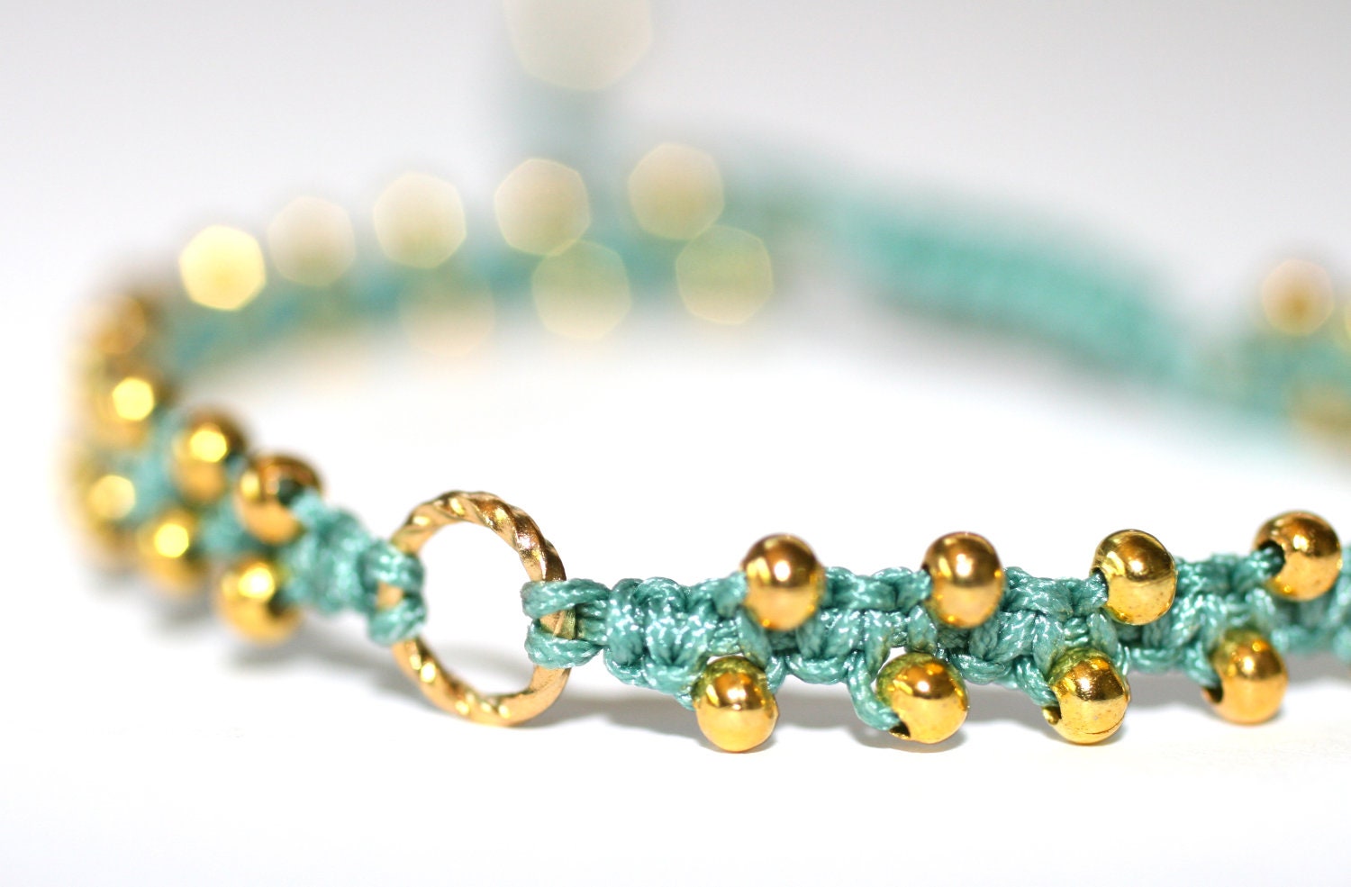 Sage Green Macrame Gold Beaded Friendship Circle Handmade Bracelet