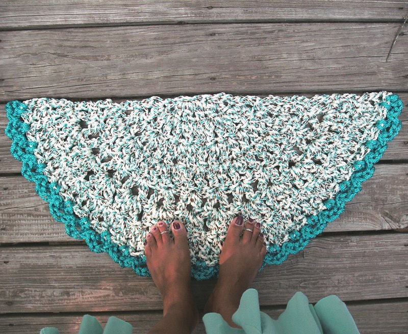 Turquoise, Brown and White Crochet Half Circle Doormat  15" x 30" READY TO SHIP
