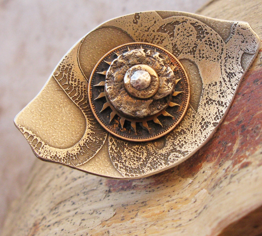 Handmade Etched Nickel Rattlesnake Riveted Rock Hammered Sterling Silver Eye Ring with Antique Gear and Vintage Coin