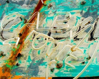 Rusty motel sign photography neon sign grunge guest room decor pumpkin orange aqua ghost motel summer vacation - Cab 8x10