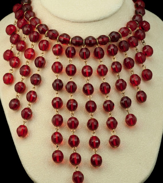 Red Crystal Vintage Bib Necklace and Earrings