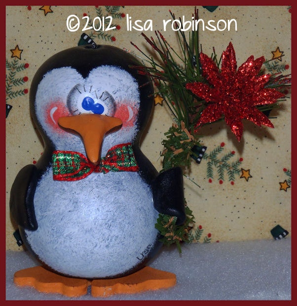 hand painted penguin gourd ornament hp winter bird christmas glitter poinsetta holiday pine bow PEANUT prim chick ofg