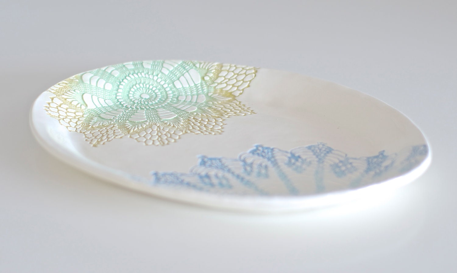 Candied Oval Platter, green and blue handmade