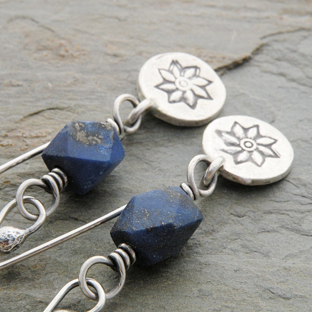 Lapis Lazuli Earrings, Sunburst Charm, Hill Tribe Silver, Faceted, Matte, Wire Wrapped, Sterling Silver, Casual