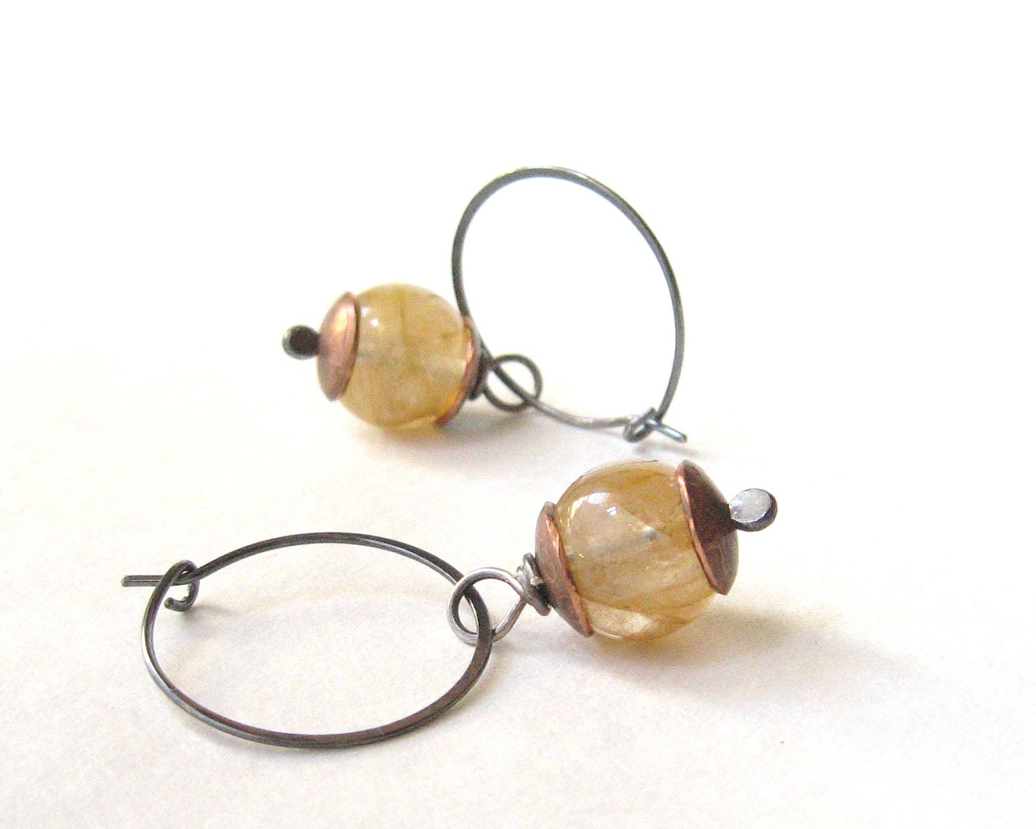 hoop earrings with yellow iron quartz, sterling silver, and copper - theBeadAerie