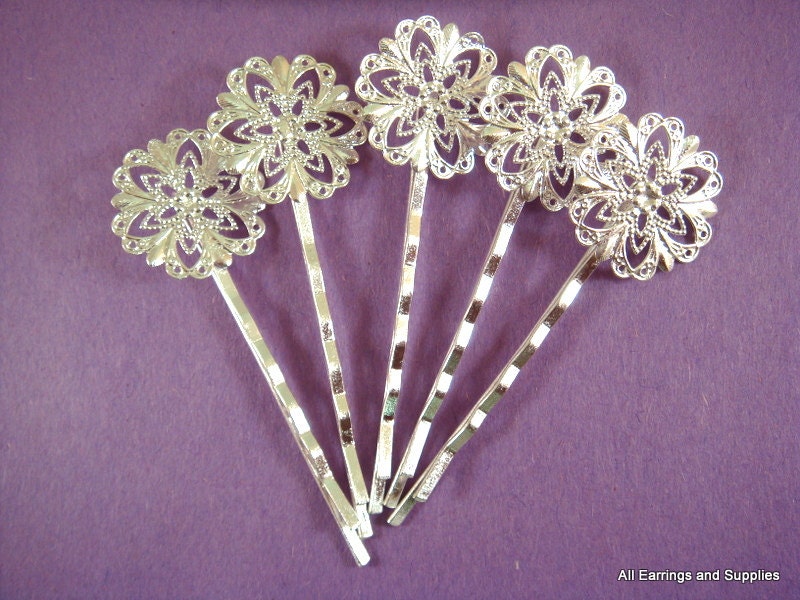 5 Silver Bobby Pin Hair Accessories Hair Clip Silver Plated Iron Filigree Disc 63x21mm - 5 pc - MS11011BP-S5