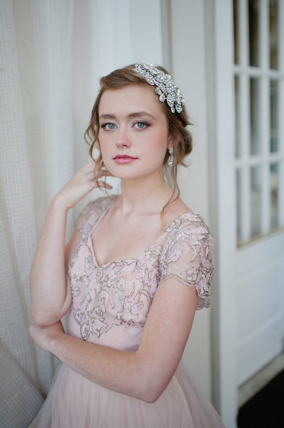 Dramatic Bridal Headband with Swarovski Rhinestone Flowers and Pearls by Fine & Fleurie