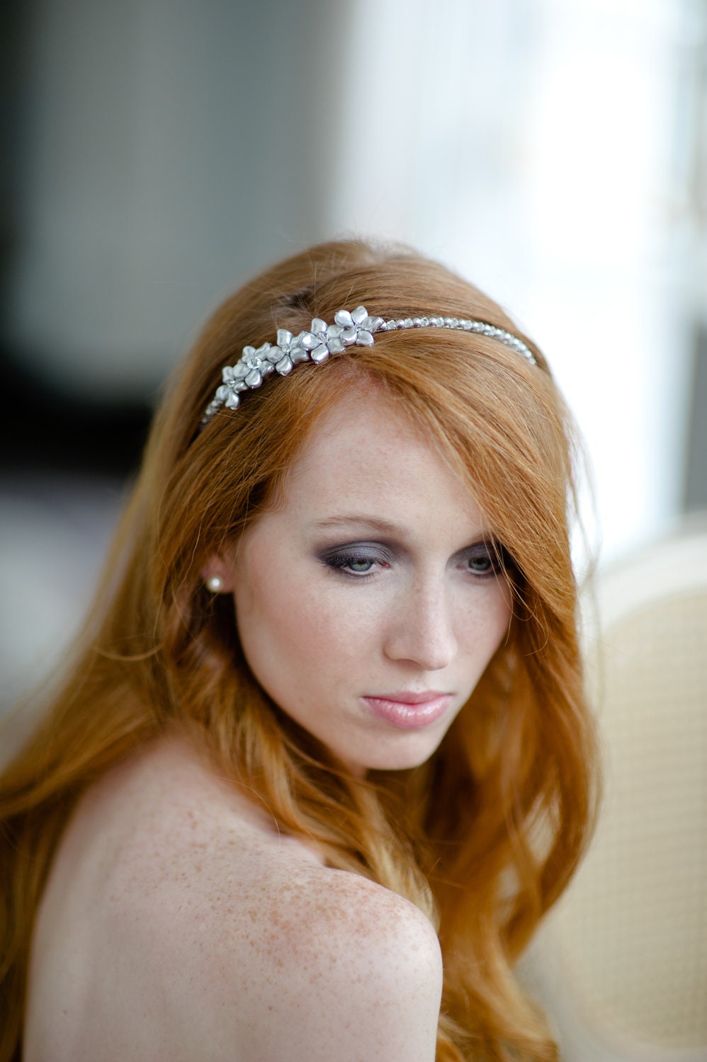 Dainty Bridal Headband with Swarovski Pearl and Crystals Flowers by Fine & Fleurie