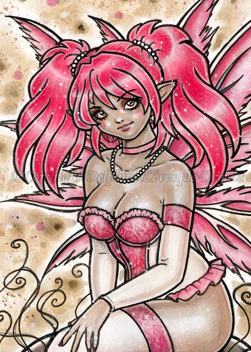 Cream and sugar with a fairy on top ACEO - limited edition print 2/20 by Delphine Levesque Demers