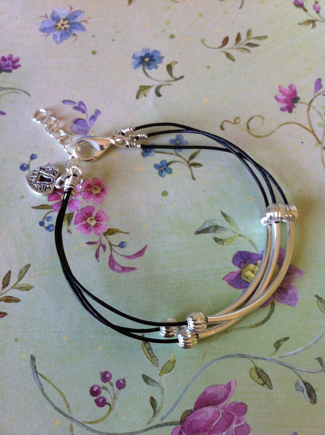 Black Leather Silver Beaded Bracelet