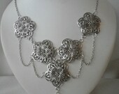 Silver Metal Filigree Statement Collar Bib Necklace and Earrings
