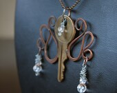 Old Key Necklace Brass Key with Copper & Crystal Accents