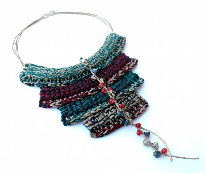 BY NIGHT Cotton yarn Crochet Ethnic Tribal Necklace Twine Teal Lead Red Blue Cream Crystals