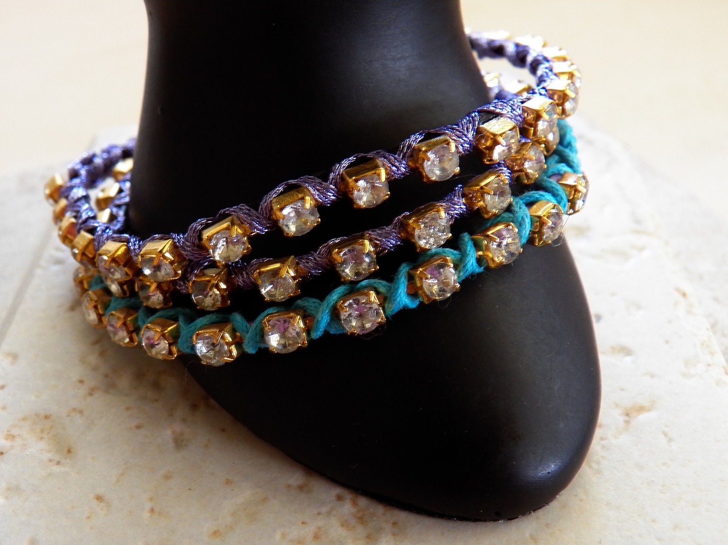 Double Wrap  Rhinestone and Leather Bracelet Wraped with Metallic Lavender cords, Gift for Under 30