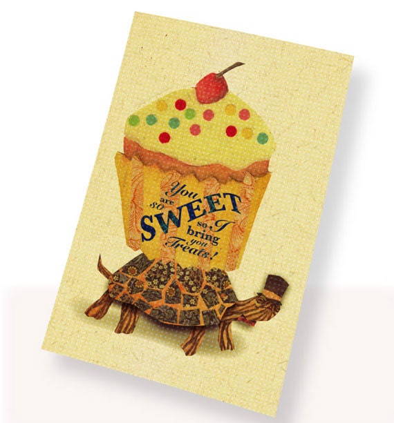 Printable PDF Cute Turtle & Giant Cupcake Romantic Card Instant Download Retro Sweet Cherry  I Love You, Anniversary, Thinking of You