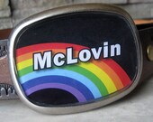 McLovin belt buckle, mens womens, rainbow and black, Superbad inspired