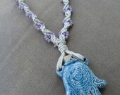 Hamsa Ceramic Bottle Pendant with Purple Glass - Hemp Macrame Necklace - Natural Bohemian Woodland