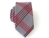 Mens Tie - Skinny Tie Red and Grey Plaid Silk Necktie