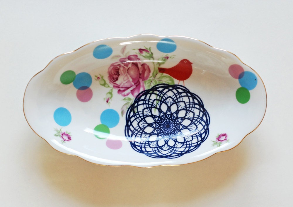 SALE Dots, bird and spirograph platter