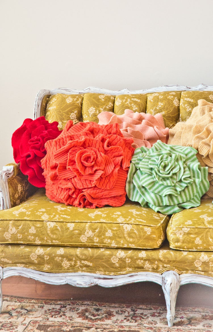 Small Ruffle Rose Pillow in true Red. Eco friendly recycled materials.