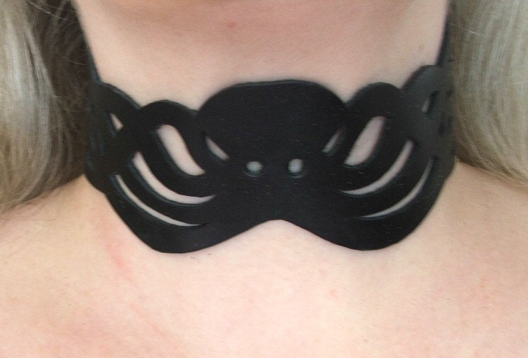 Leather Octopus Choker Necklace -  Black  Filigree Collar