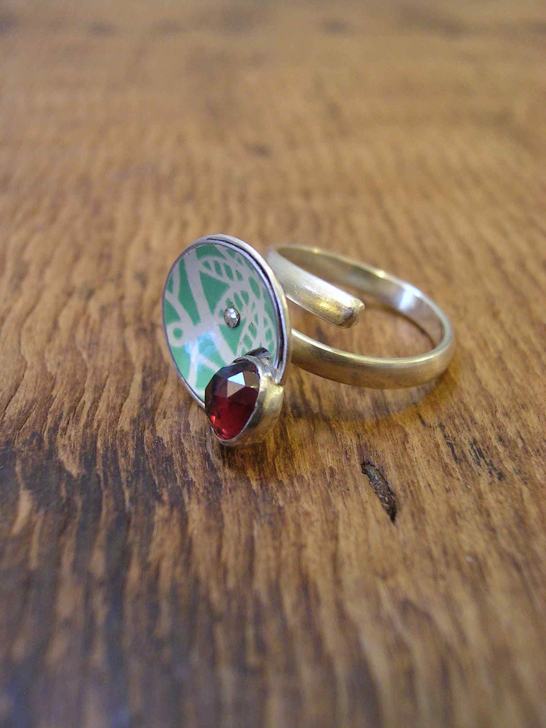 Mint and Cranberry ring. Silver, garnet, reclaimed vintage tins.