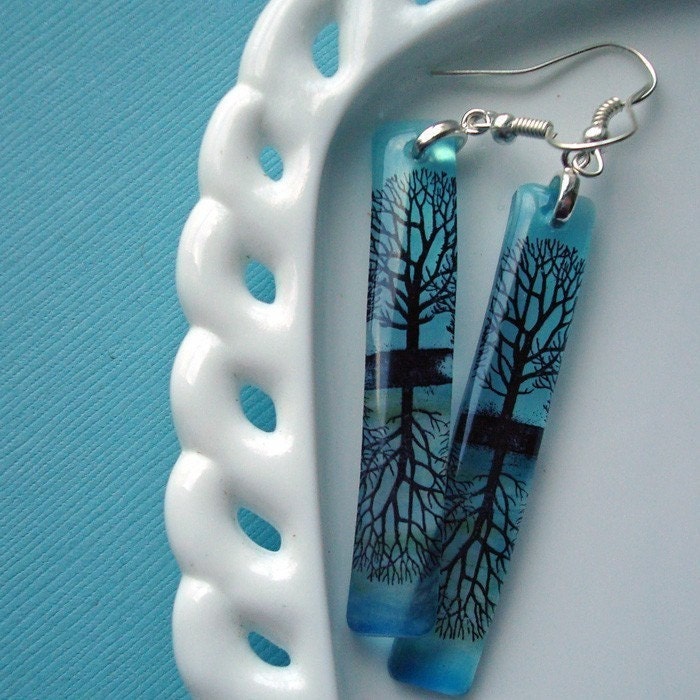 Tree Reflections earrings ,resin earrings , nature themed, aqua earrings , long earrings