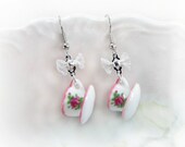Teacup And Saucer Earrings Miniature Teacups Pink Roses And Bows Jewelry Princess Tea Party