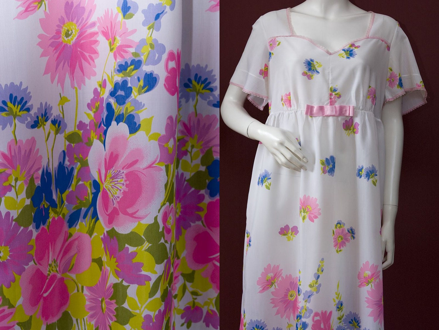 Vintage Nightie White Floral Flower Power Long Nightdress Night Dress by St Michael Medium / Large c.1960s 1970s