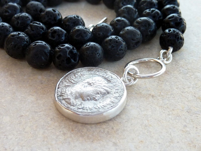 Ancient roman Silver antonionus coin necklace with black Lava beads strand, statement necklace,strand necklace
