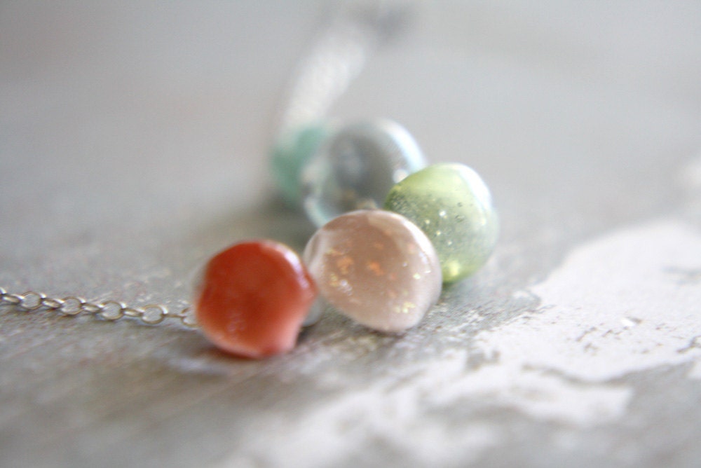 Colorful Glass Droplet Necklace - pastel lampwork boro glass beads & sterling silver chain - coral pink mint green gray aqua blue
