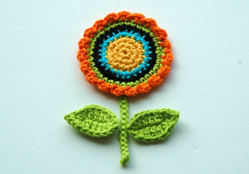 Crochet Circle Motif Flower with leaves and stem - yellow, orange and black