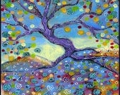 Fruit Tree of Life, Print on wood  7" x 7" from original mixed media Painting by Christina Colwell, Modern Contemporary Folk Art
