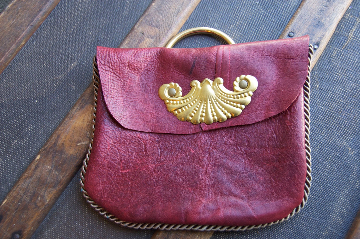 SALE Rich Red Leather Clutch with Brass Shell
