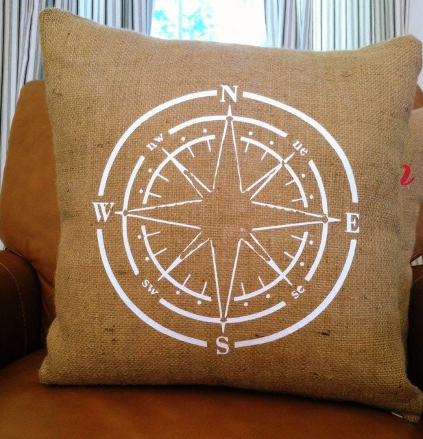 White Compass  Burlap 18x18 Decorative Pillow Cover, Throw Pillow ,Toss Pillow, Accent Pillow